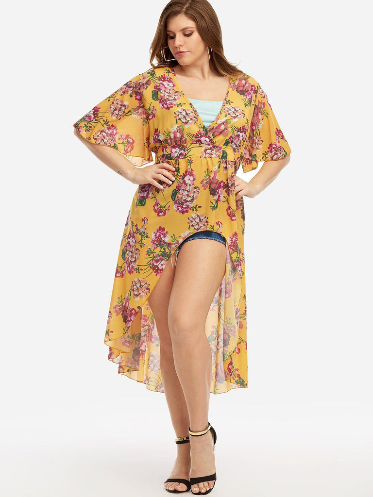 Deep V Neck Floral Print Pleated Half Sleeve Yellow Plus Size Tops