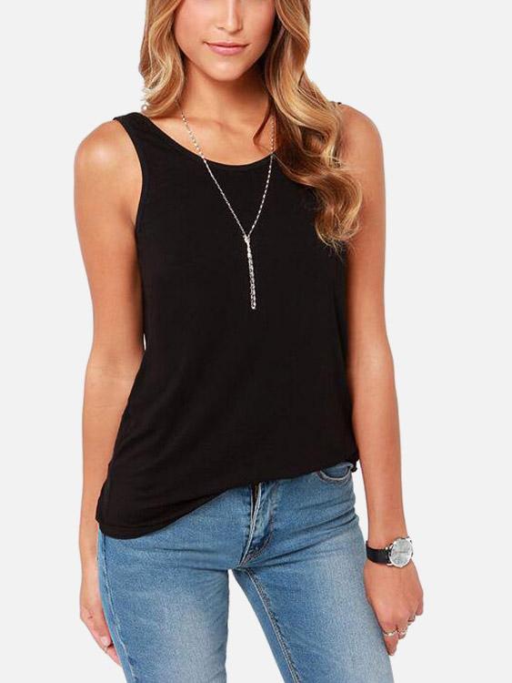 Round Neck Plain Backless Sleeveless Black Tank Top