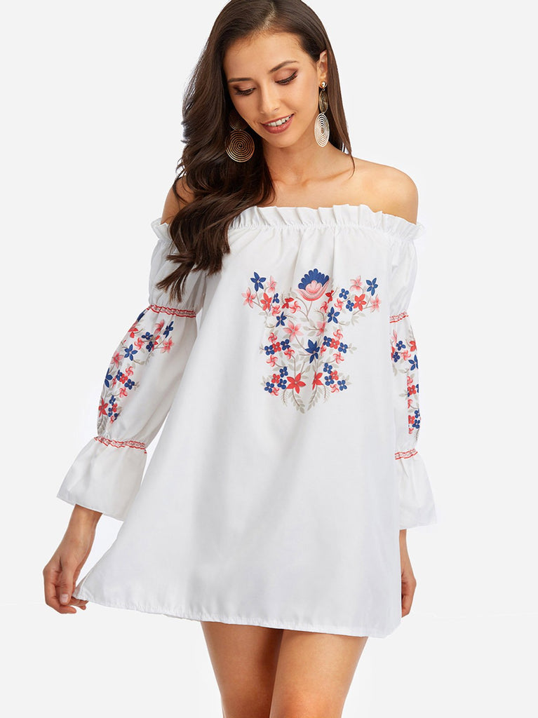 Off The Shoulder 3/4 Sleeve Length Floral Print Dresses