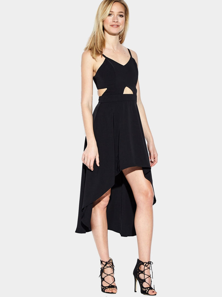 Black V-Neck Sleeveless Plain Crossed Front Backless Cut Out Spaghetti Strap Irregular Hem Midi Dress