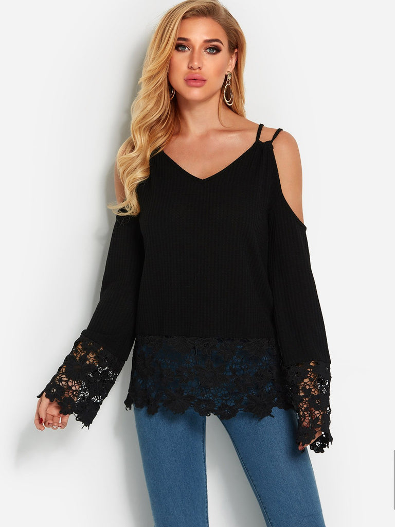 Cold Shoulder Lace Long Sleeve Black Tops