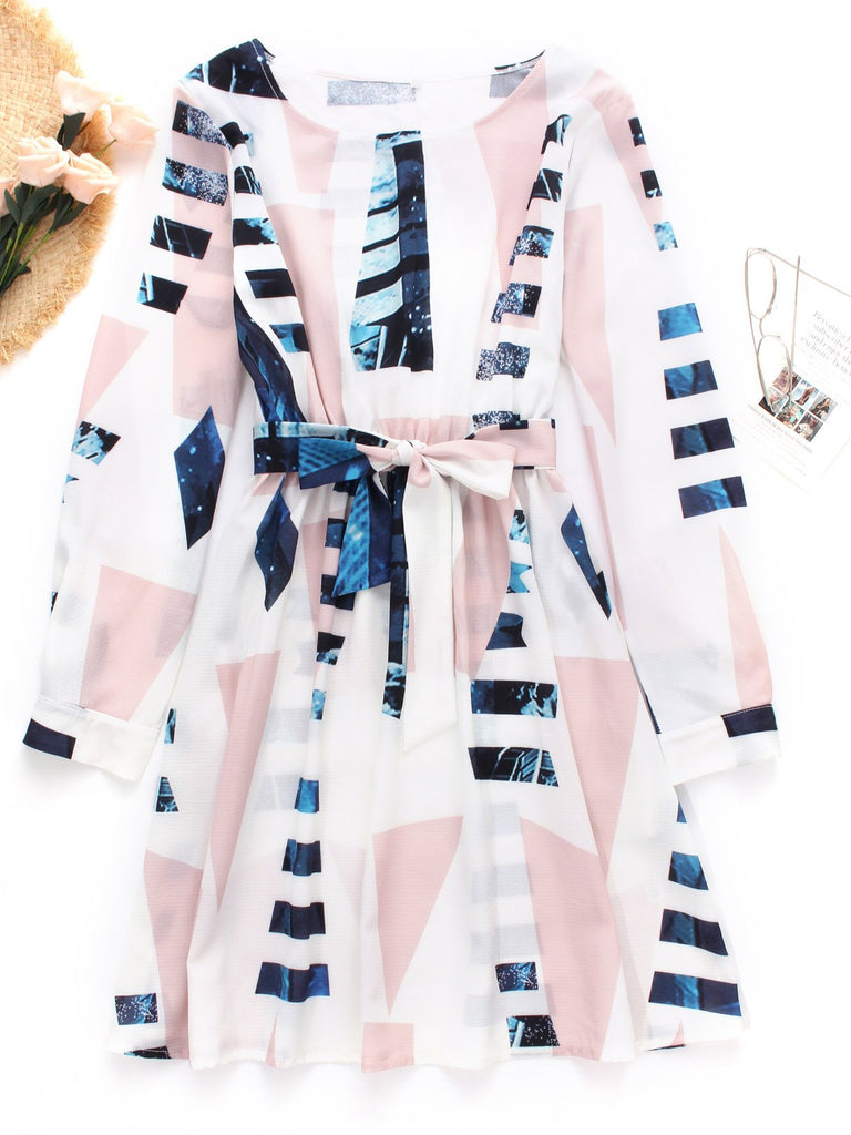 Pink Round Neck Long Sleeve Geometrical Side Pockets Self-Tie Casual Dresses