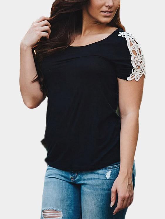 Round Neck Lace Short Sleeve Black T-Shirt