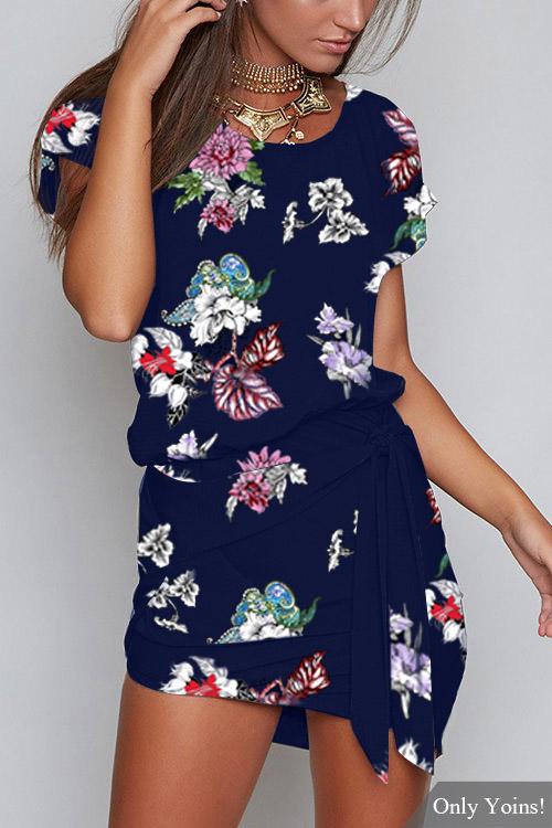 Round Neck Short Sleeve Floral Print Mini Dress