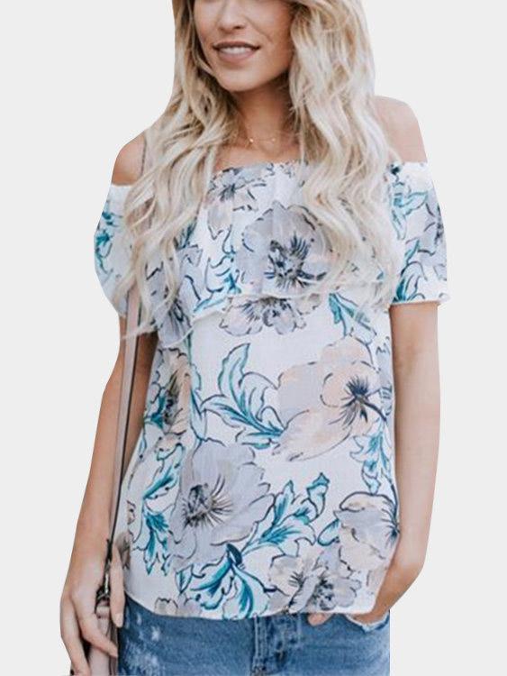 Off The Shoulder Floral Print Short Sleeve T-Shirts
