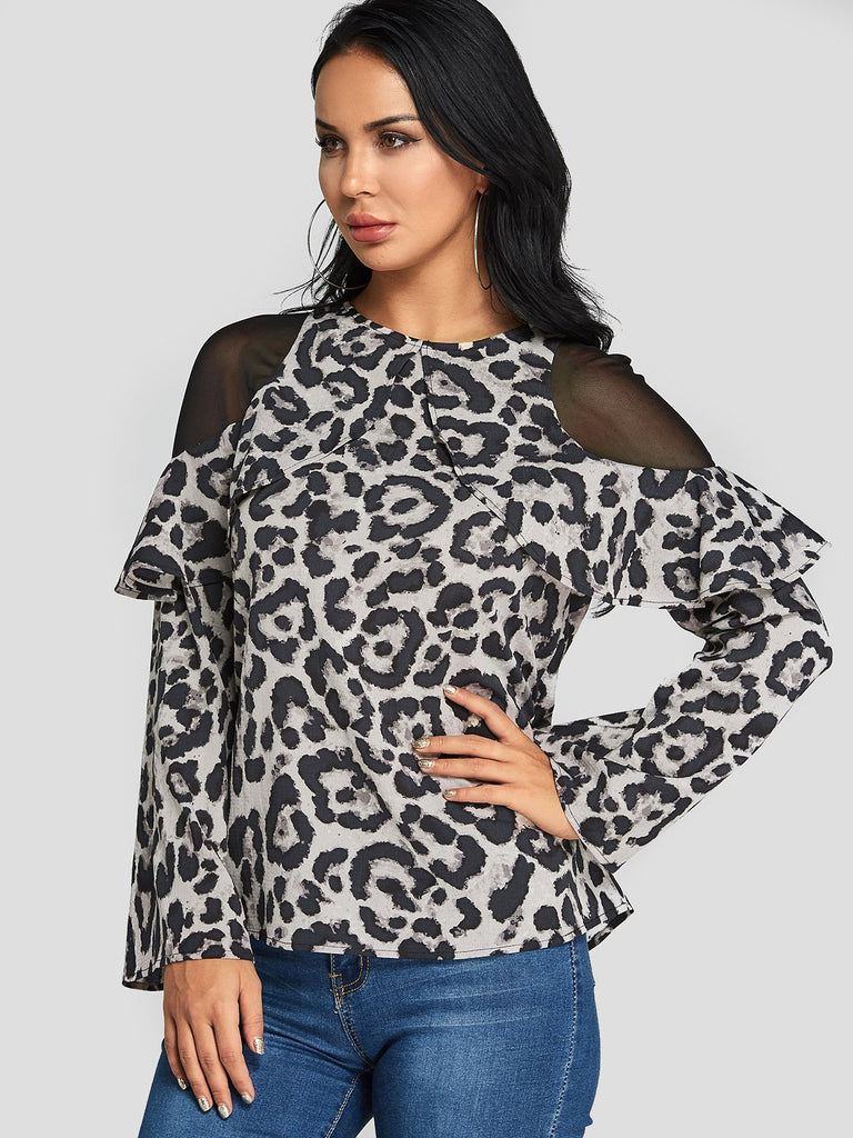 Cold Shoulder Leopard Lace Zip Back Long Sleeve Blouses