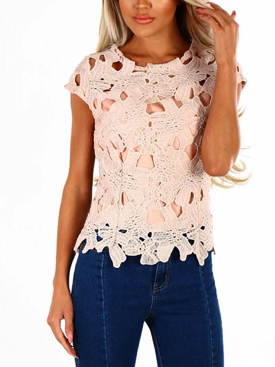 Round Neck Crochet Lace Embellished Short Sleeve Top
