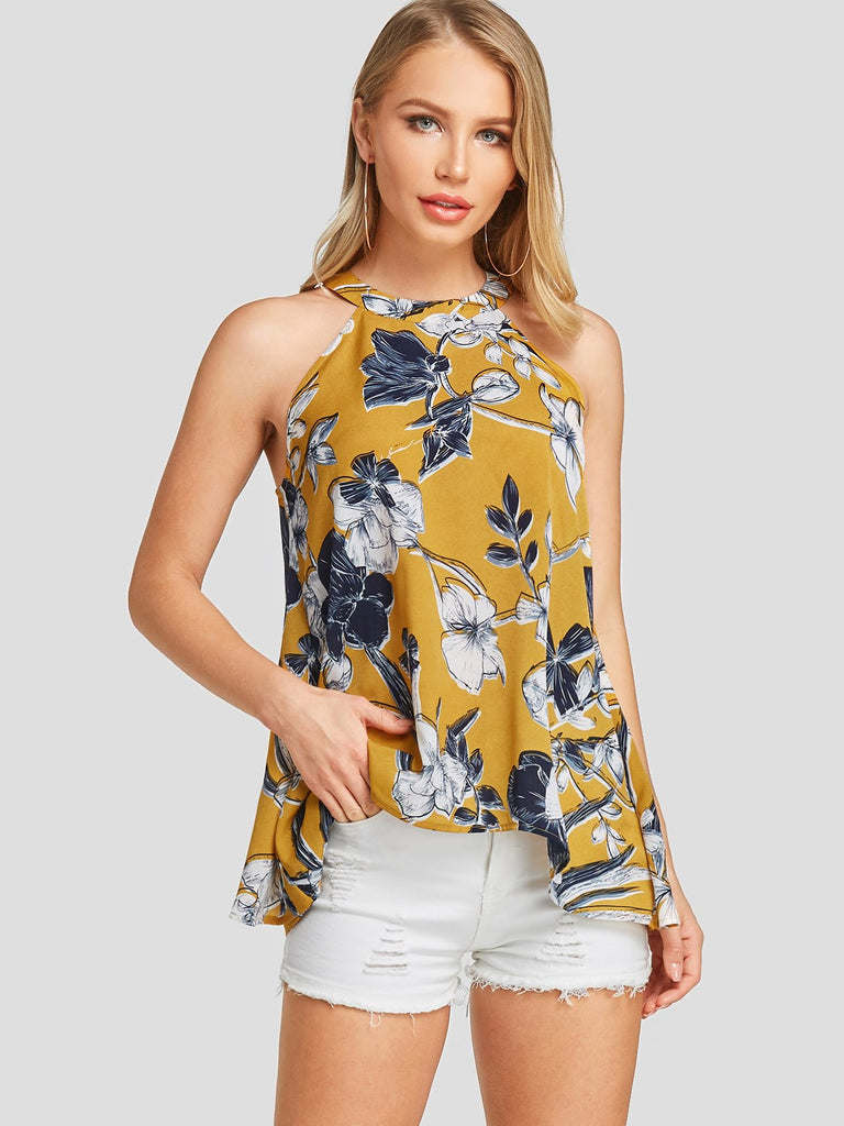 Halter Floral Print Hollow Sleeveless Yellow Camis
