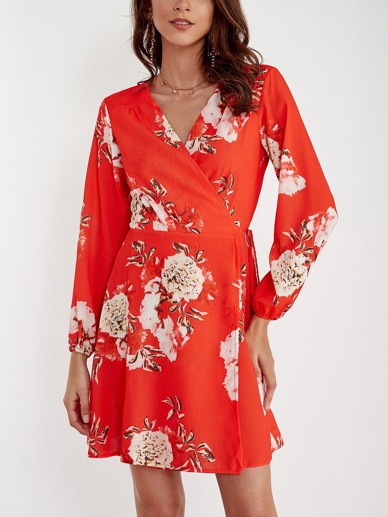Red V-Neck Long Sleeve Floral Print Crossed Front Wrap Mini Dress