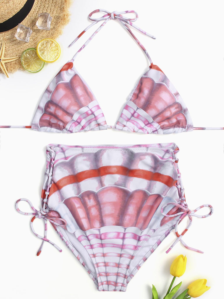 Halter Sleeveless Printed Tie-Up Two Piece Bikinis