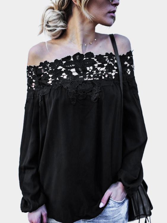 Off The Shoulder Lace Long Sleeve Black Blouses