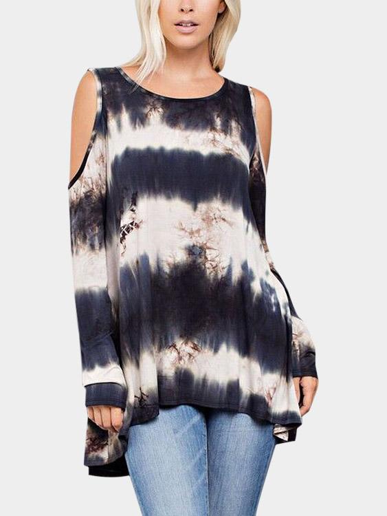 Crew Neck Cold Shoulder Floral Print Long Sleeve Curved Hem T-Shirts