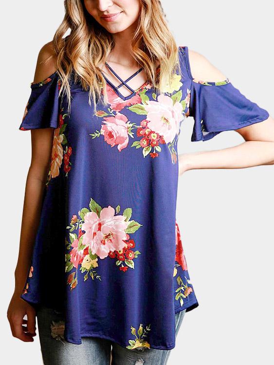 V-Neck Cold Shoulder Floral Print Short Sleeve Blue Top