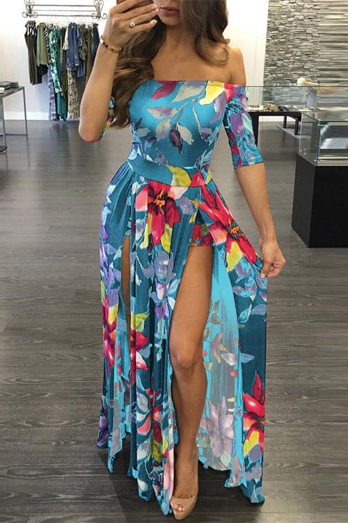 Green Off The Shoulder Half Sleeve Floral Print Slit Hem Dresses