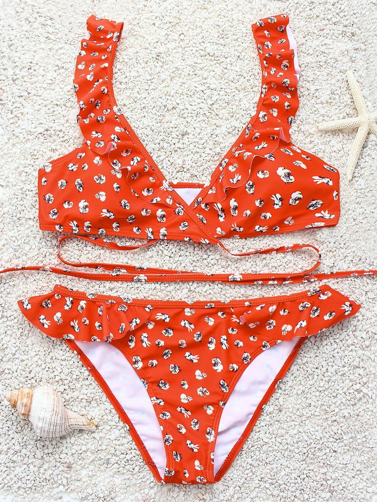 V-Neck Sleeveless Floral Print Crossed Front Tie-Up Ruffle Hem Bikinis