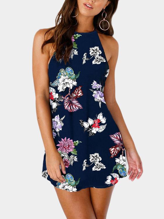 Halter Sleeveless Floral Print Backless Navy Mini Dress