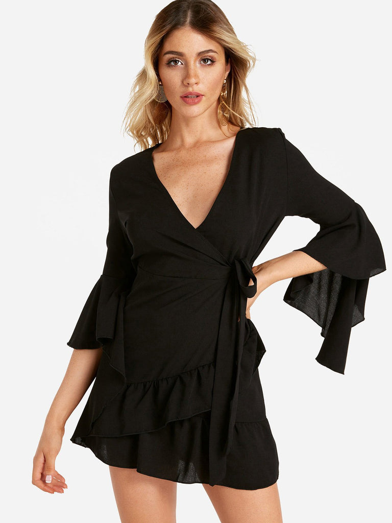 V-Neck 3/4 Sleeve Plain Self-Tie Wrap Black Mini Dress