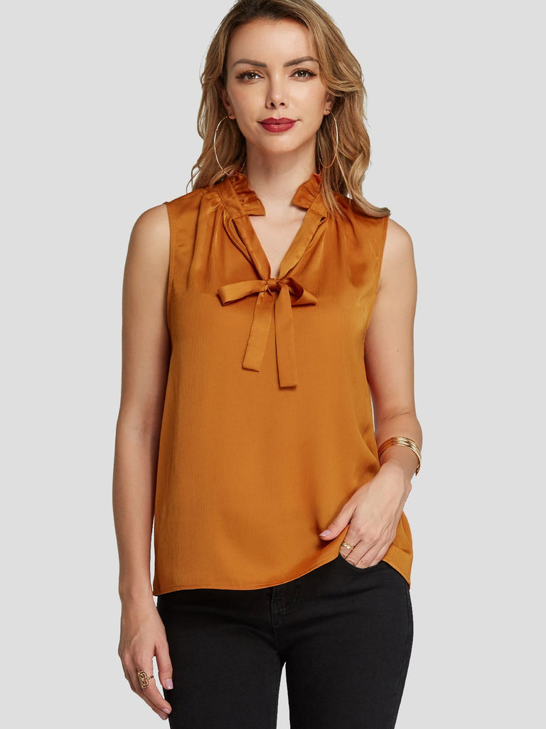 Frill Neck Plain Tie-Up Sleeveless Orange Tank Top