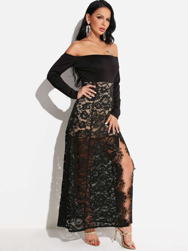 Black Off The Shoulder Long Sleeve Lace Backless Slit See Through Dresses