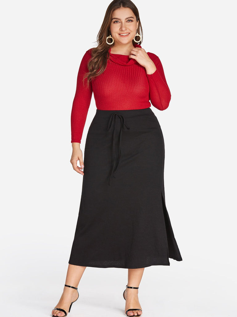 Plain Slit Hem Black Plus Size Bottoms