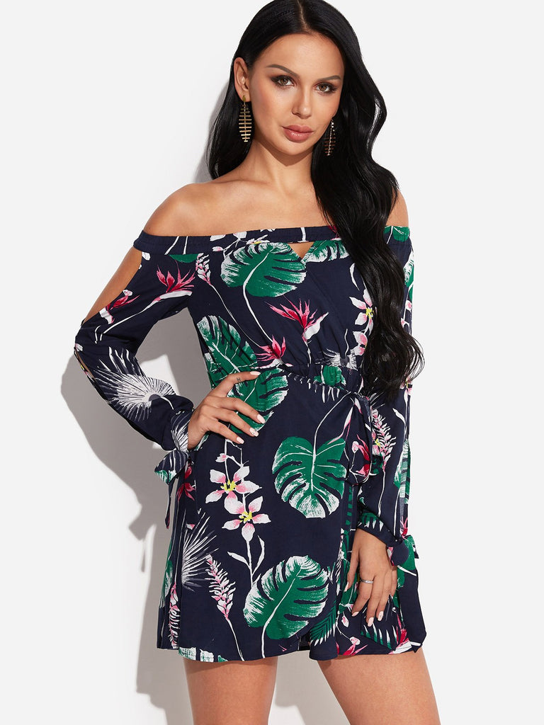 Off The Shoulder Long Sleeve Floral Print Belt Dresses