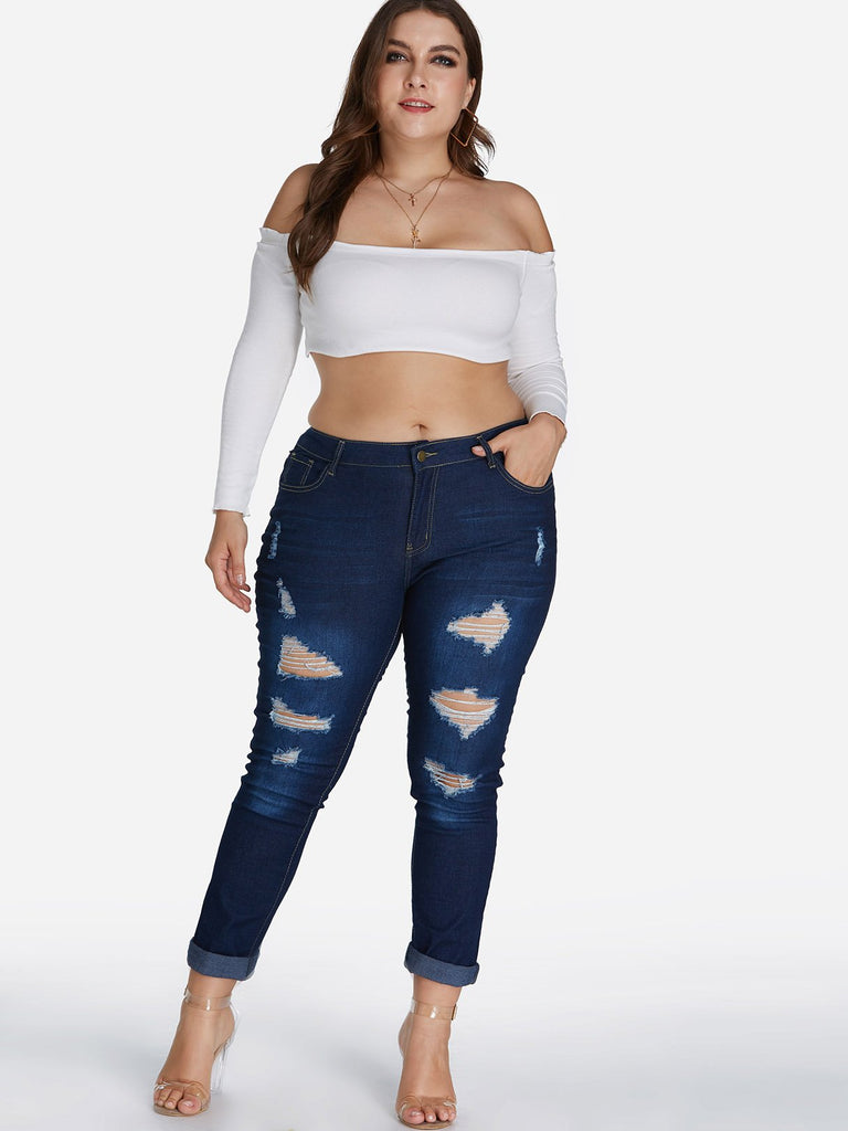 Plain Random Ripped Dark Blue Plus Size Bottoms