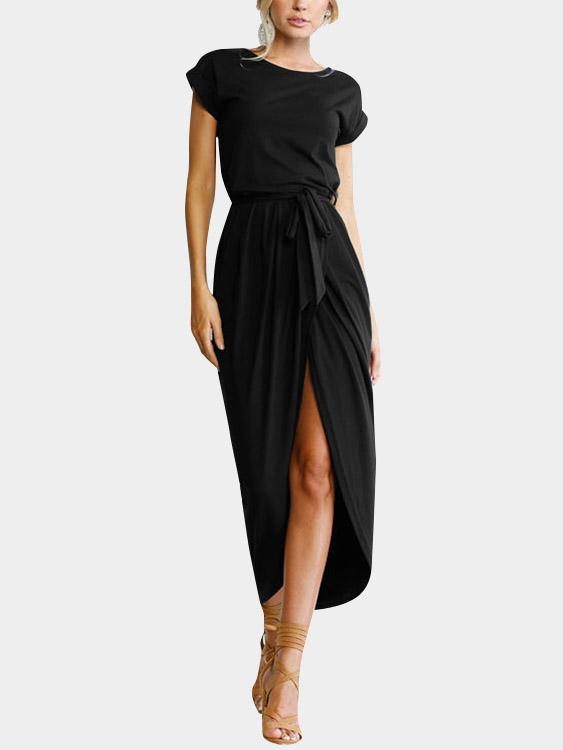 Black Round Neck Short Sleeve Maxi Dresses