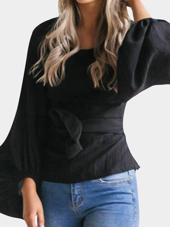 Round Neck Tie-Up Front Lantern Long Sleeve Black Top