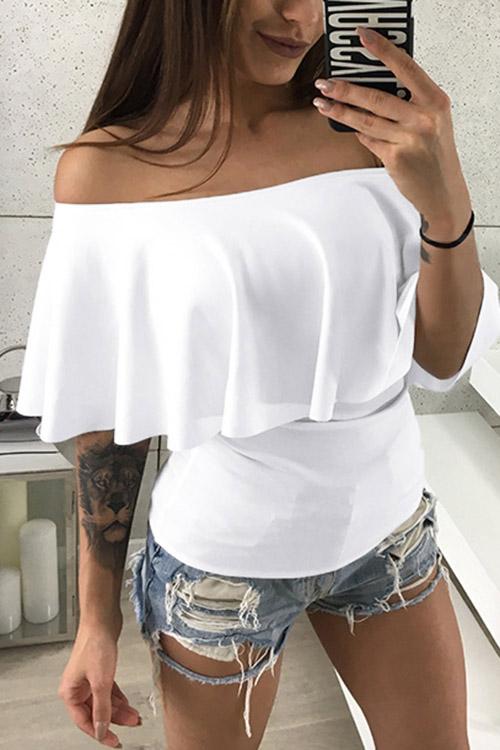 Off The Shoulder Plain Pleated Short Sleeve White Top