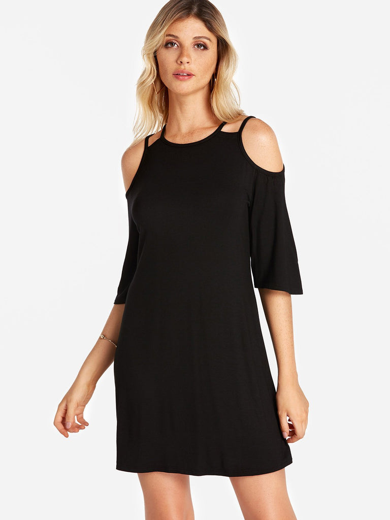 Black Cold Shoulder 3/4 Length Sleeve Plain Mini Dresses