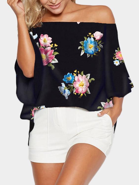 Off The Shoulder Floral Print 3/4 Sleeve Bodycon Hem Black Blouses