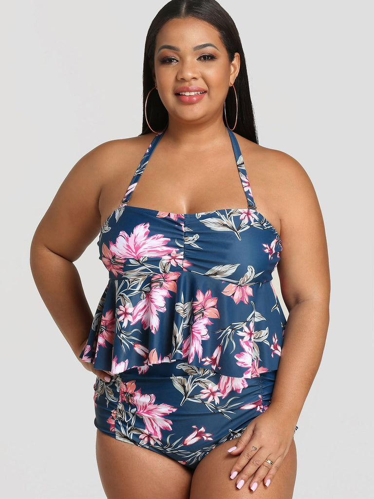 Halter Sleeveless Navy Plus Size Swimwear