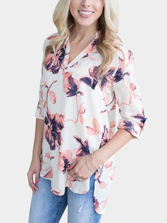 V-Neck Floral Print Long Sleeve White Blouses