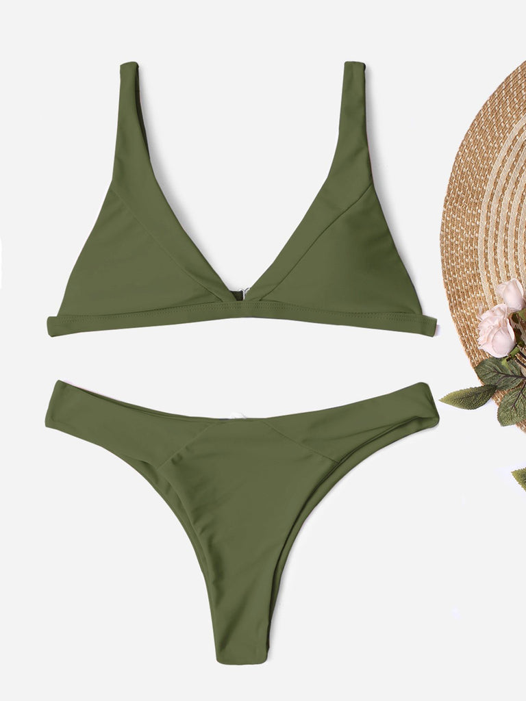 Sleeveless Plain Spaghetti Strap Two Piece Bikinis