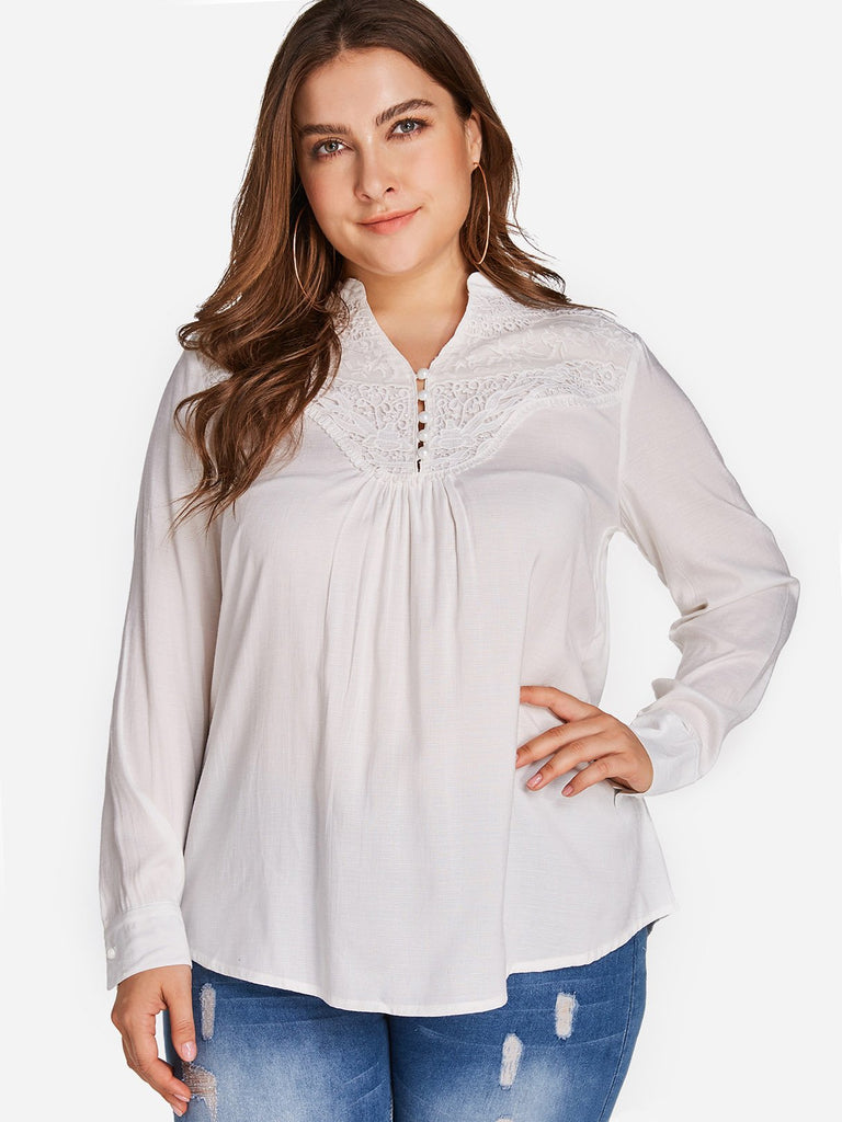 V-Neck Plain Pleated Lace Insert Long Sleeve White Plus Size Tops