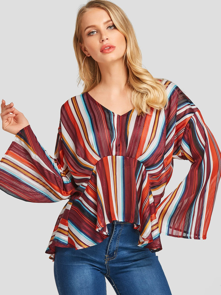 Deep V Neck Stripe Long Sleeve Irregular Stitching Hem Blouses