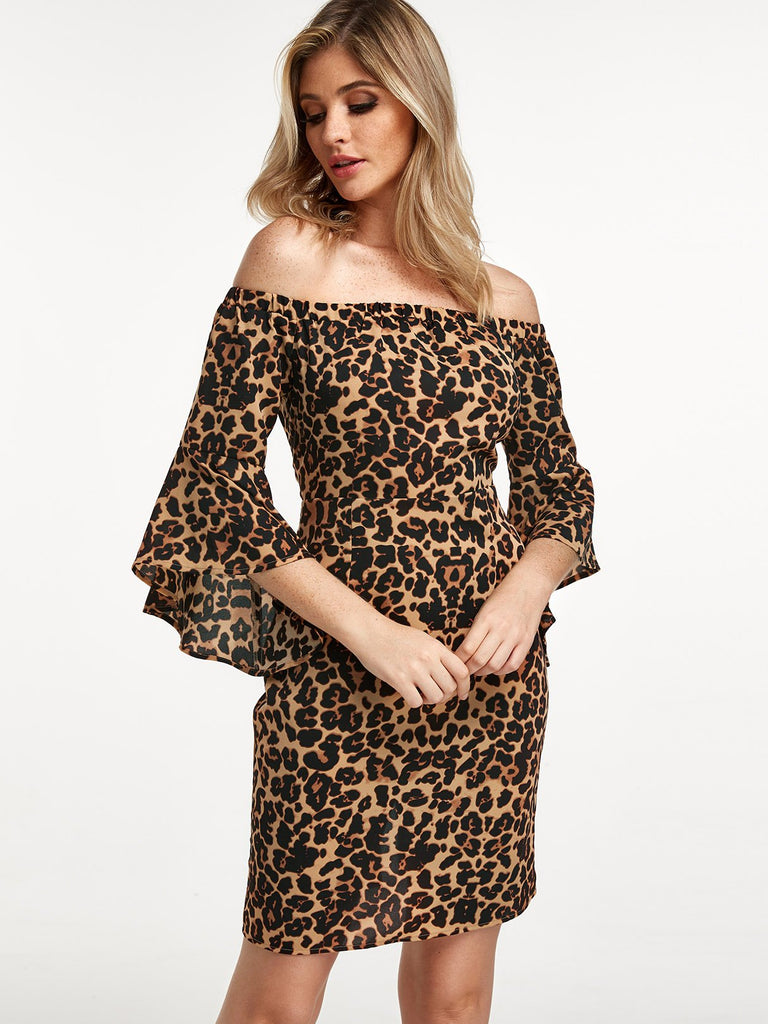 Off The Shoulder Long Sleeve Leopard Zip Back Slit Hem Mini Dress