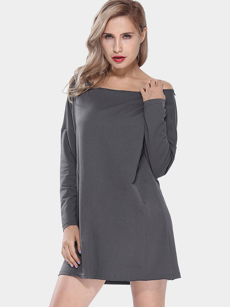 Grey Round Neck Long Sleeve Plain Cut Out Shirt Dress