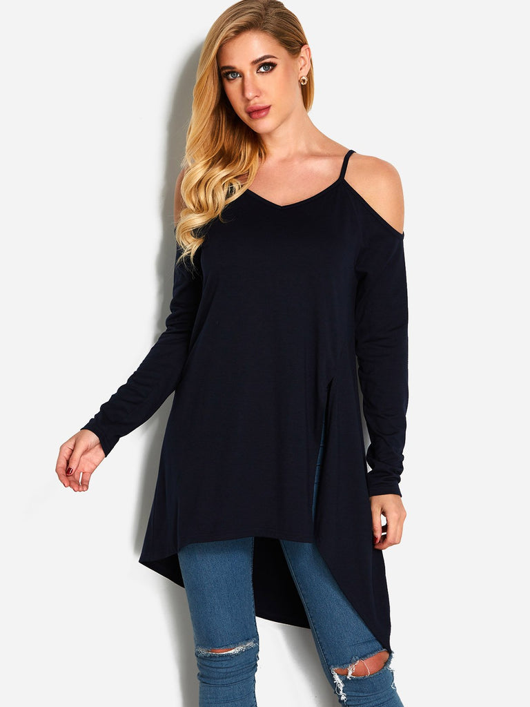Cold Shoulder Long Sleeve Slit Hem Navy T-Shirts
