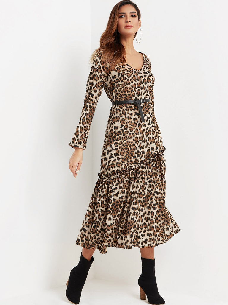 V-Neck Long Sleeve Leopard Dress