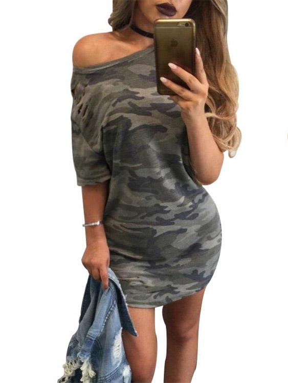 Army Green Round Neck One Shoulder Short Sleeve Camouflage Curved Hem Casual Dress