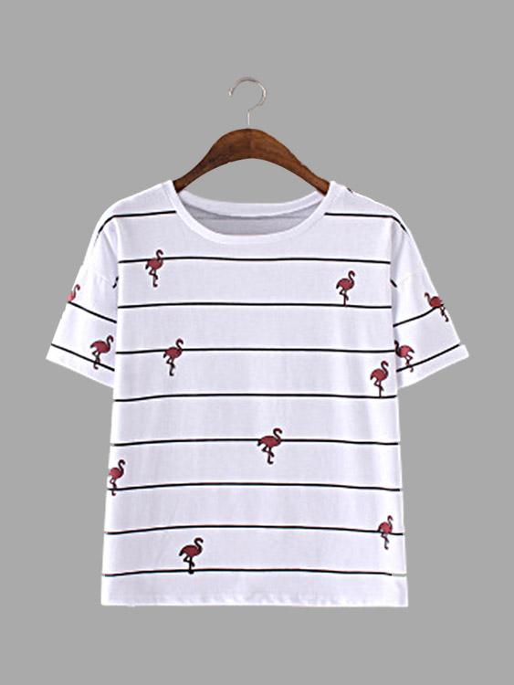 Stripe & Animal Pattern Round Neck T-Shirt