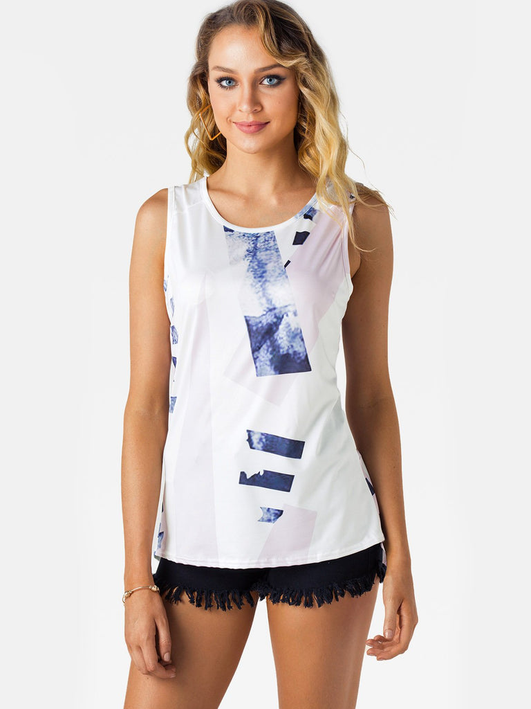 Round Neck Geometrical Zip Back Sleeveless White Camis