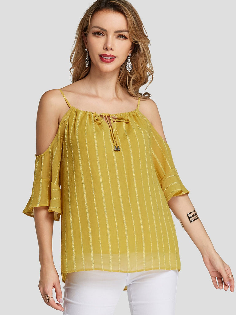 Cold Shoulder Self-Tie Half Sleeve Yellow Blouses