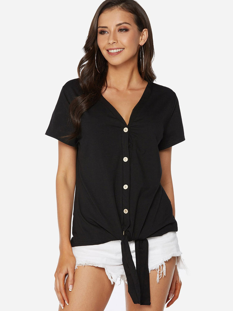 V-Neck Plain Lace-Up Short Sleeve T-Shirts