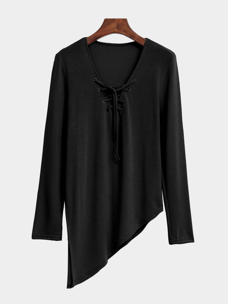 Long Sleeve Irregular Hem Black T-Shirts