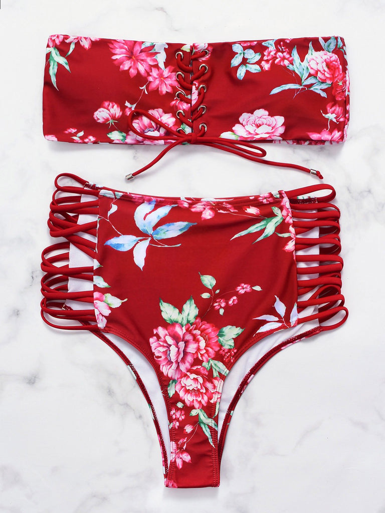 Strapless Sleeveless Floral Print Criss-Cross High Waist 2 Piece Bikinis