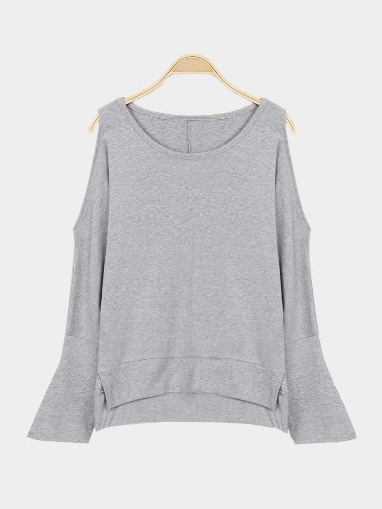 Cold Shoulder Long Sleeve Grey T-Shirt