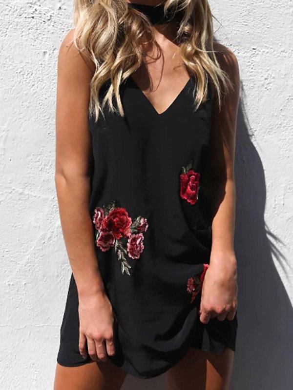Black Deep V-Neck Sleeveless Embroidered Mini Dresses