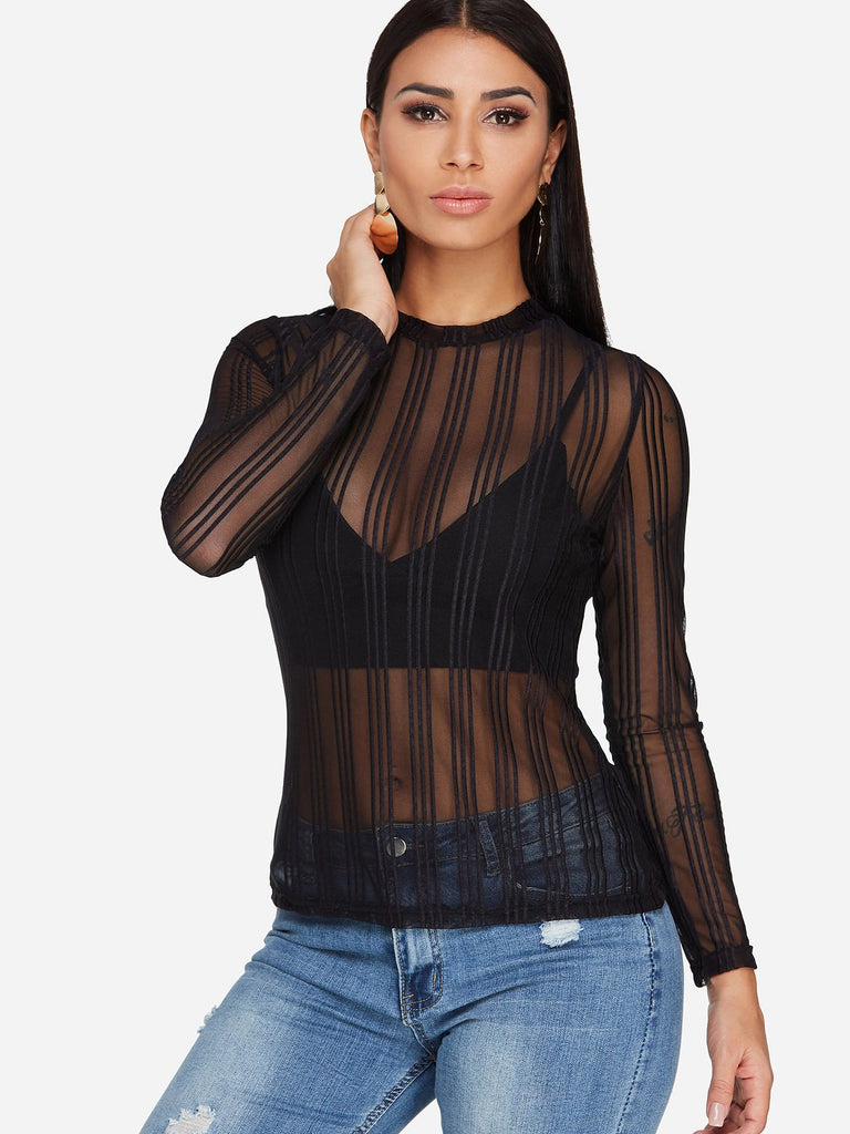 Round Neck Plain Lace See Through Long Sleeve Black T-Shirts